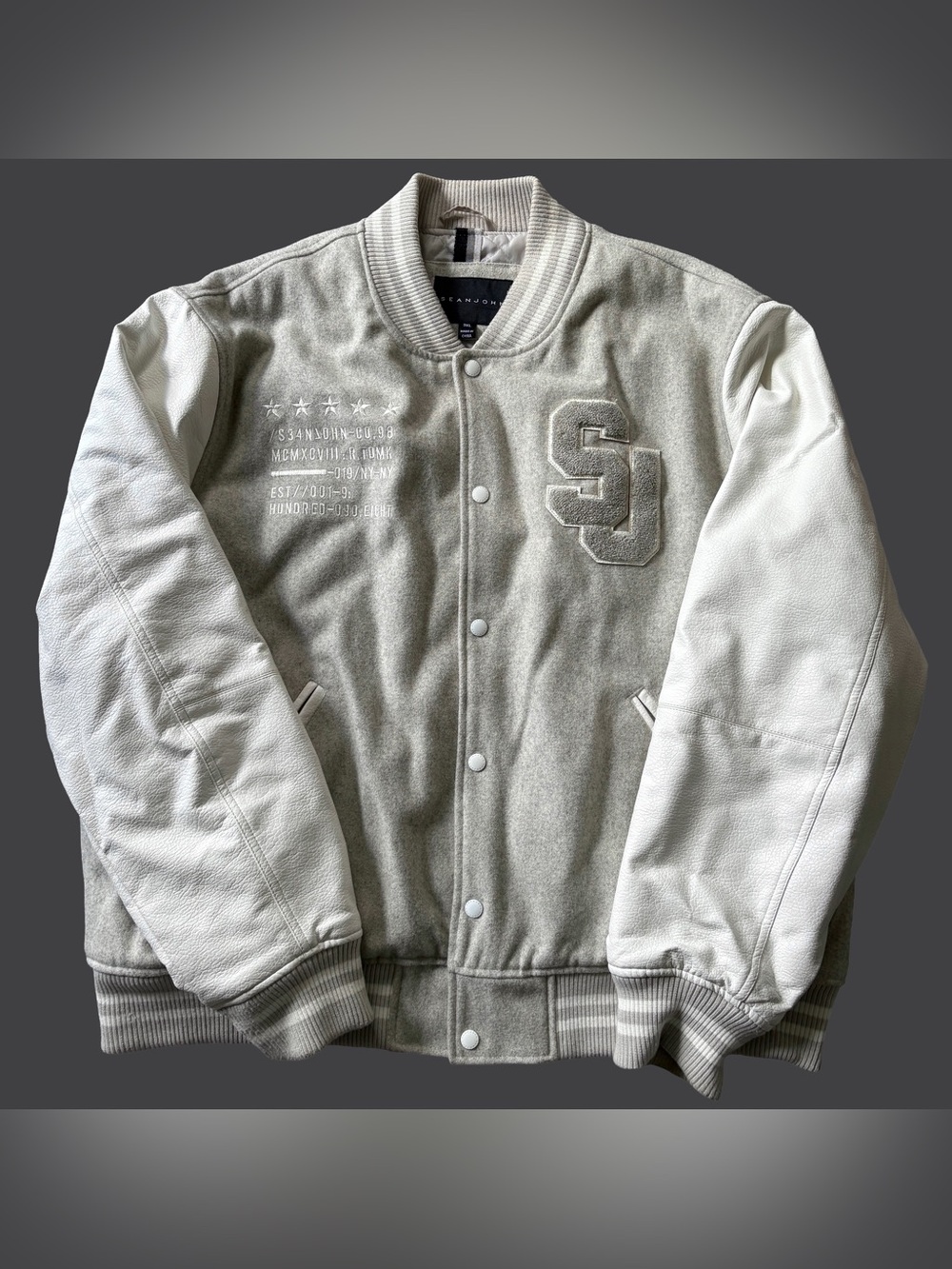 Sean John Varsity Letterman Bomber Patches Jacket Men’s 3XL Gray White Y2K